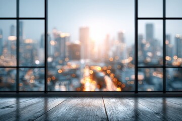 Wooden table with floral arrangement, candle, and potted succulents in front of a window overlooking a cityscape at dusk