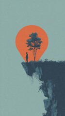 Silent Earth — Minimalist Silhouette Standing Beside Tree under Orange Sun Representing Hope and Environmental Balance