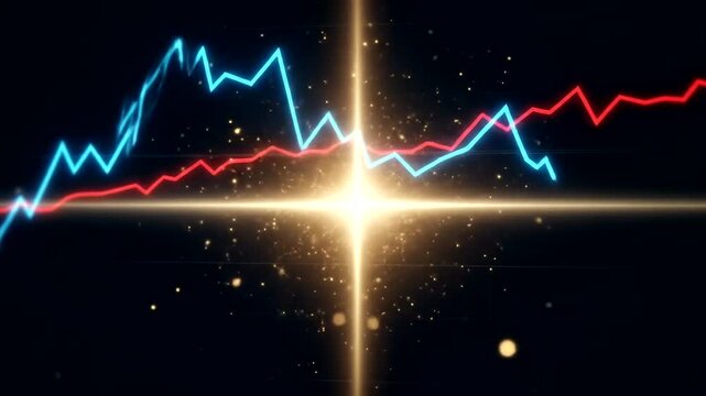 Dynamic financial market analysis with fluctuating graphs and bright starburst effect