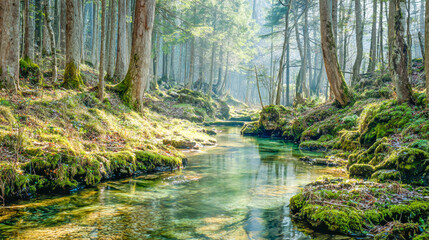 Obraz premium Clear Stream Winding Through a Sunlit Forest