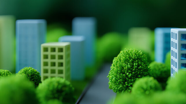 Miniature city model featuring green trees and small modern buildings with a blurred background, emphasizing urban planning and environmental integration