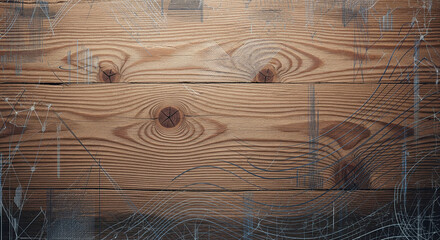 Wood Grain Surface with Overlaid Technical Drawings and Architectural Diagrams