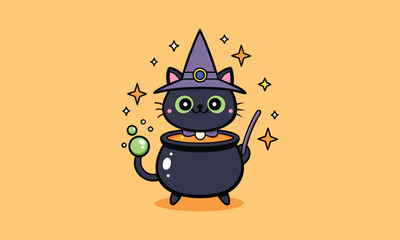 Halloween Black Cat in Cauldron