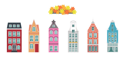 Fototapeta premium Set of old Scandinavian and London houses isolated on a white or transparent background. Vector illustration. Close-up element for architectural design. Multi-story buildings for an old town.