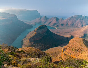 A view down over the rim of Blyde River Canyon towards the dam on the Motlatse River,  Mpumalanga, South Africa in Springtime