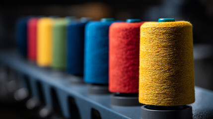A row of colorful spools of thread, sharply focused on a vibrant yellow spool in the foreground, with blurred spools in various colors extending into the background