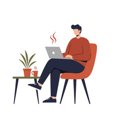 A man working on a laptop while seated in a chair, with coffee and a plant nearby.