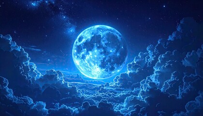 Pixelated Blue Moon Surrounded By Clouds Under Starry Night Sky Pixel Art Style Deep Blue Hues And Dreamlike Atmospheric Scene