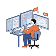 A person sits at a desk, working on multiple computer screens, coding.