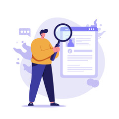 A person examining a resume on a computer screen with a magnifying glass, searching for information.