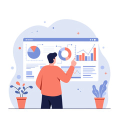 A man analyzes data displayed on a large computer screen, pointing to charts.