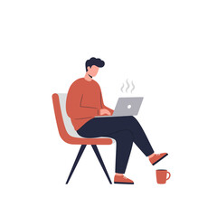 A man sits in a chair, working on a laptop, with a coffee mug nearby.