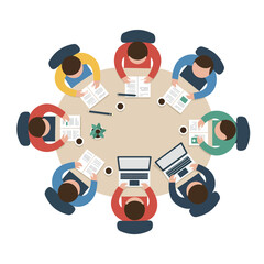 Overhead view of a business meeting with diverse participants, working together.