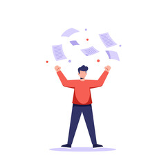 A person celebrating with arms raised as papers fly upwards, joyful.