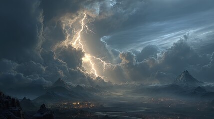 Fototapeta premium Dramatic lightning strikes above a landscape with distant mountains and illuminated city