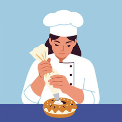Chef decorates donut with pastry bag on blue background, flat vector
