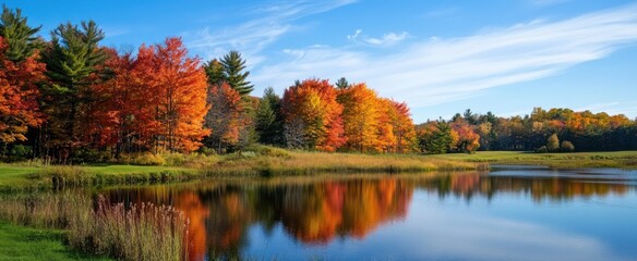 Autumnal Reflections: Vibrant Foliage Mirrored in Tranquil Lake Waterscape
