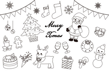 白黒のクリスマス素材のイラストセット｜線画、白黒、シンプル、クリスマス、サンタクロース、トナカイ、ツリー