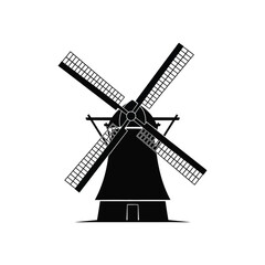 Fototapeta premium Windmill Silhouette black and white traditional architecture building rural countryside energy wind power blade farm agriculture icon