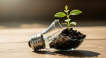 New life sprouting from broken lightbulb concept symbolizing innovation, sustainability, and environmental awareness in a modern setting.