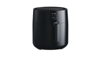 Black air fryer with touch controls isolated against a dark backdrop