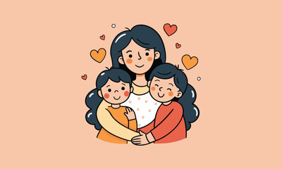 Happy Mother Hugging Children
