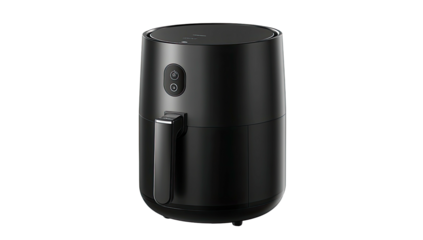 Matte black cylindrical air fryer with handle and circular controls