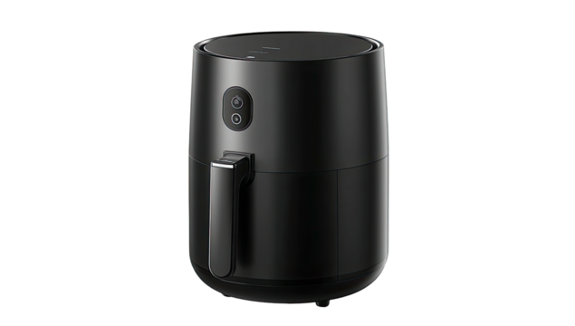 Matte black cylindrical air fryer with handle and circular controls