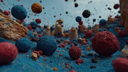 Surreal Landscape with Floating Spheres and Miniature Figures.
