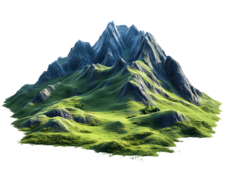 Majestic mountain peak covered in lush green grass dramatic lighting and rocky terrain isolated on transparent background