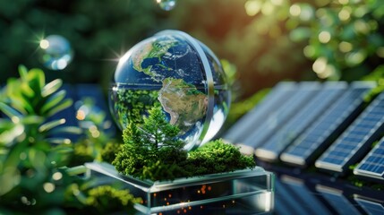 Lush Greenery Surrounding a Glass Globe Representing Earth, Sustainable Energy Concept with Solar Panels and Nature