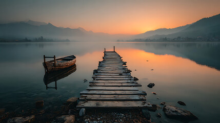 A serene lake scene featuring a wooden dock, a small boat, and mountains under a warm sunset sky