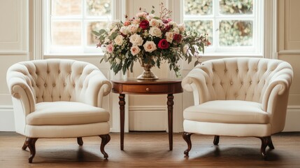 Fototapeta premium Bright, Elegant Room with Tufted Armchairs, Ornate Table, and Romantic Rose Floral Display