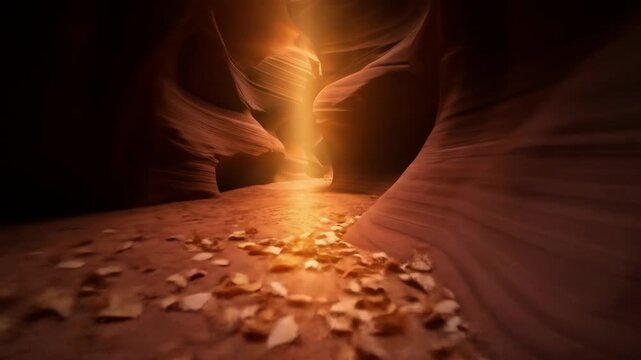 Sandstone canyon interior with leaves and beams of light, sandstone rocks
