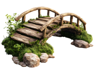 Enchanting stone bridge with lush greenery and rocks rustic garden archway scene isolated on transparent background