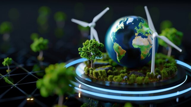 Miniature Earth Model with Greenery and Wind Turbines on a Futuristic Digital Base for Sustainable Energy Concepts - Powered by Adobe