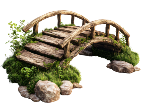 Enchanting stone bridge with lush greenery and rocks rustic garden archway scene isolated on transparent background - Powered by Adobe