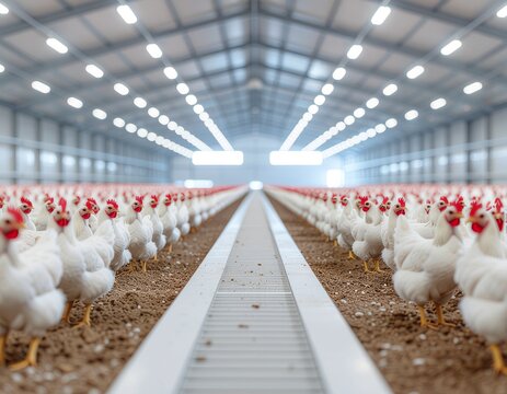 Chicken Farm Rows in Modern Farm: A meticulous perspective reveals orderly rows of chickens inside a contemporary chicken farm, illustrating efficient farming practices.