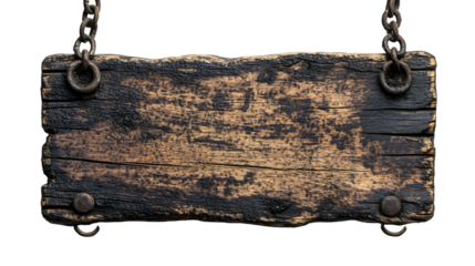 Rustic wooden sign with metal accents hanging from chains textured surface detail isolated on transparent background