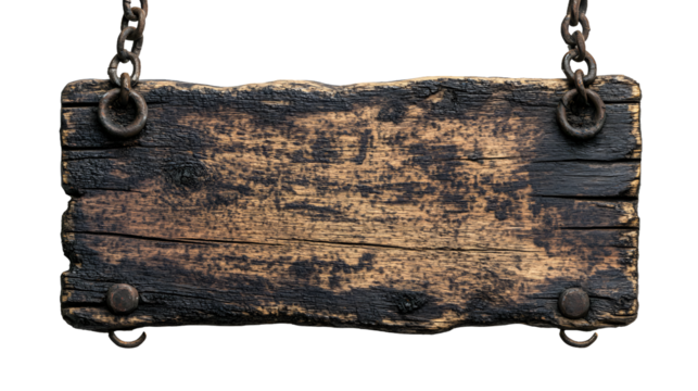 Rustic wooden sign with metal accents hanging from chains textured surface detail isolated on transparent background