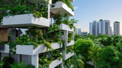 Fototapeta premium Modern architecture with lush greenery showcasing sustainable living in an urban environment with city skyline and nature