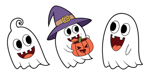 Spooky and cute cartoon ghosts celebrating Halloween with a friendly pumpkin and a witch hat, perfect for kids holiday designs and cheerful seasonal greetings