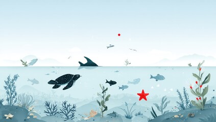 Underwater Ocean Scene with Marine Life and Coral Reef.