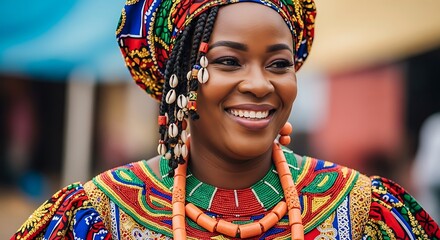 Smiling African woman in vibrant traditional attire, radiating joy and cultural pride, perfect for celebrations and storytelling
