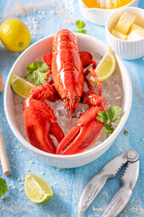 Teasty red lobster as mediterranean meal in restaurant.