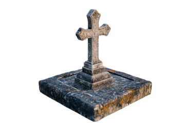 Weathered stone cross sits atop a square base, isolated on black