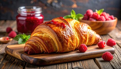 Golden Croissant with Raspberry Jam and Fresh Raspberries