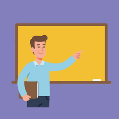 Flat cartoon of teacher pointing at chalkboard