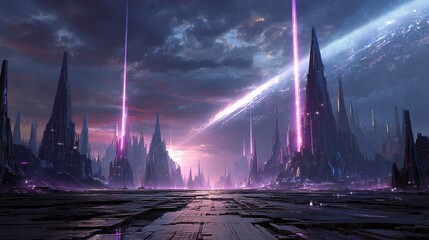 Dark storm clouds loom over the city at night, illuminated by bright city lights and a vibrant, fantasy-like blue aurora borealis in the sky