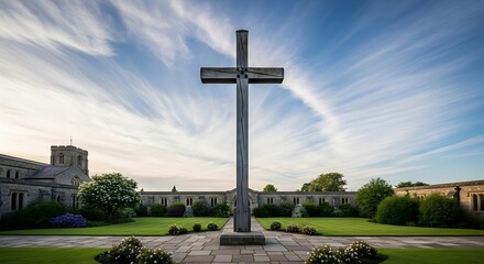 Wooden cross stands tall in front of a church with a blue sky and clouds overhead in a peaceful setting